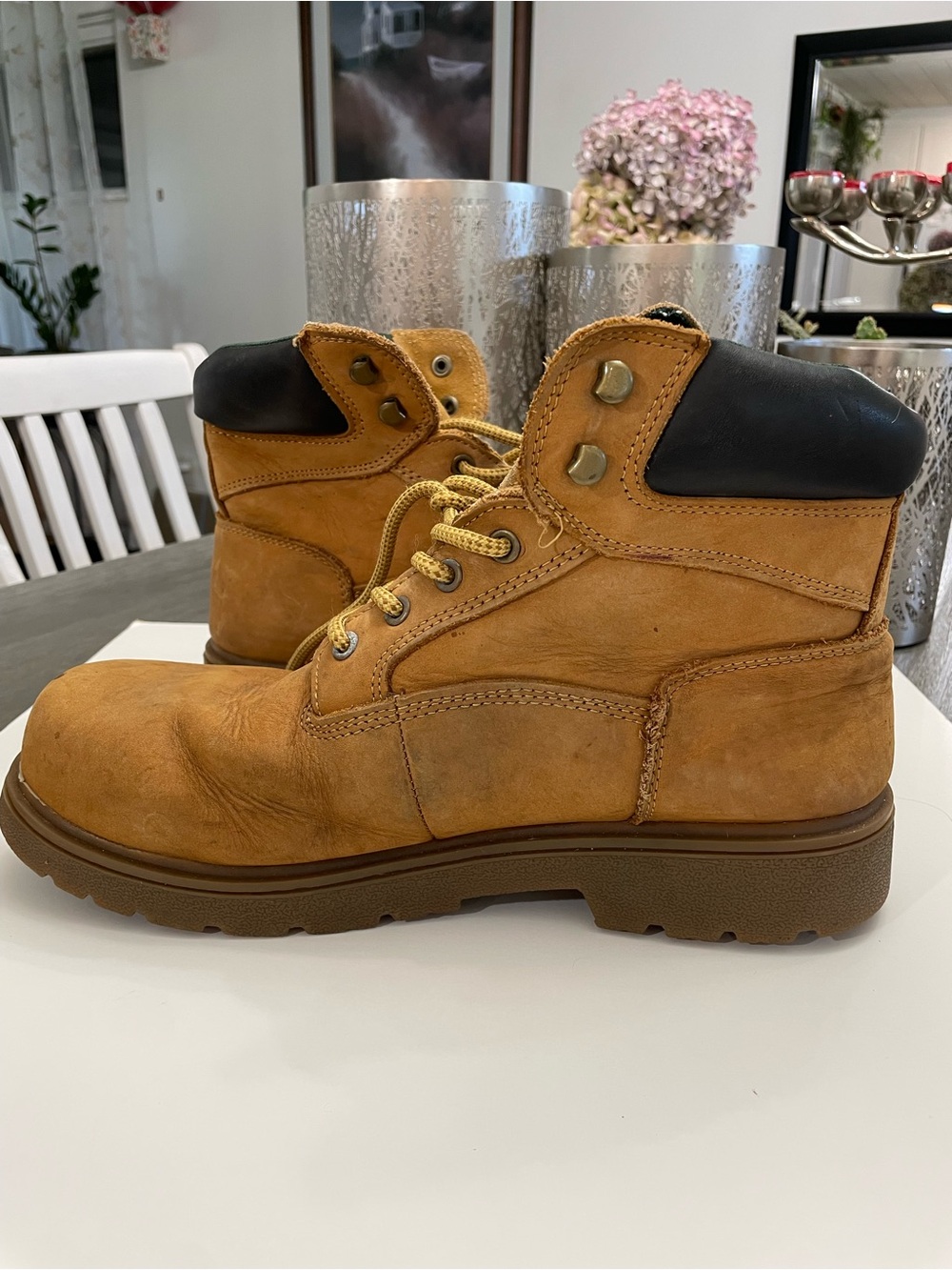 Wolverine Tan Work Boots with Black Collar